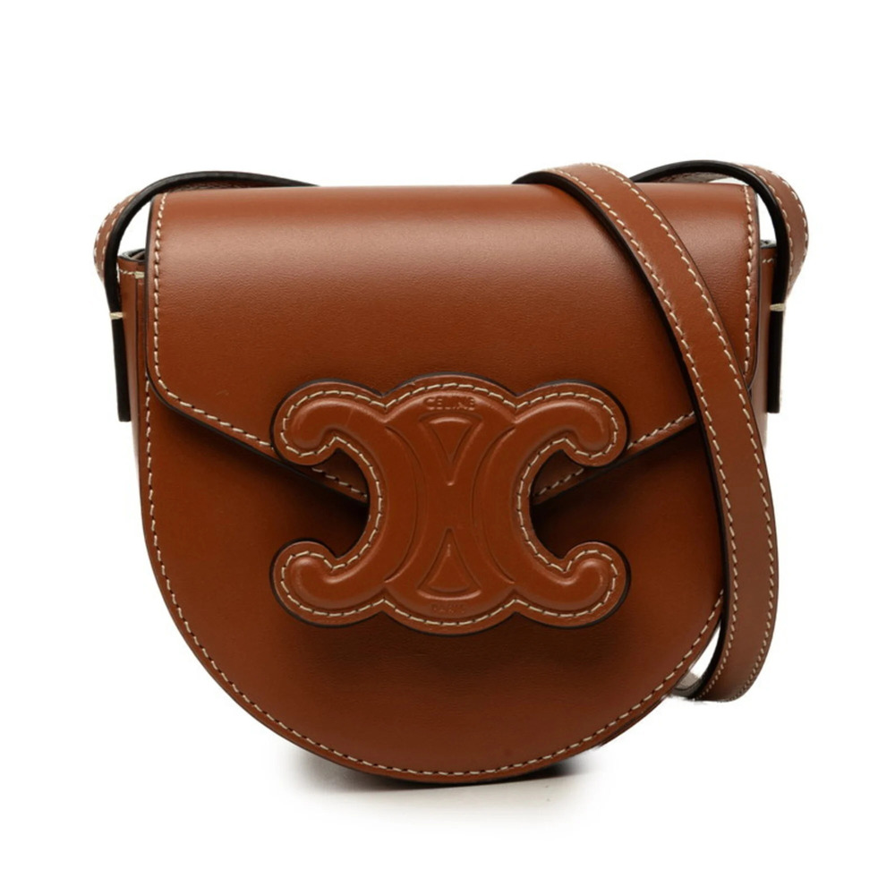 Celine Triomphe Mini Buzas Cuire Crossbody Shoulder Bag Pochette Brown Leathe...